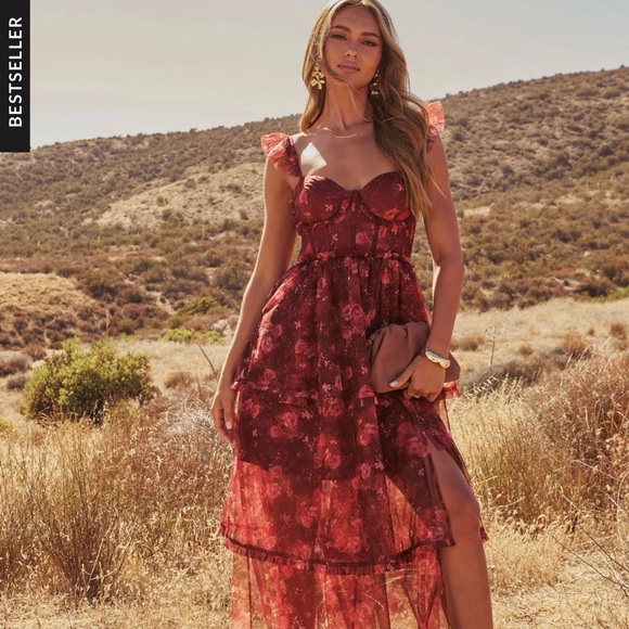 Vici Dresses & Skirts - Vici Burgundy Floral Ruffled Maxi Dress